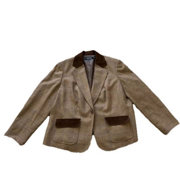 Kasper Brown Plaid Blazer Equestrian Jacket Contrast Collar Pockets Women's 16W - Picture 2 of 8